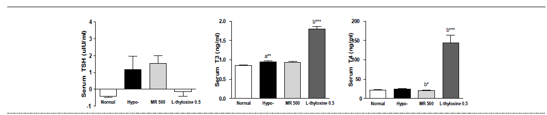 갑상선기능저하증(Hypo-) 흰쥐 모델에서 열성약인 파극천추출물(MR)의 혈액 내 갑상선호르몬(TSH, T3, T4) 변화에 대한 효능 평가