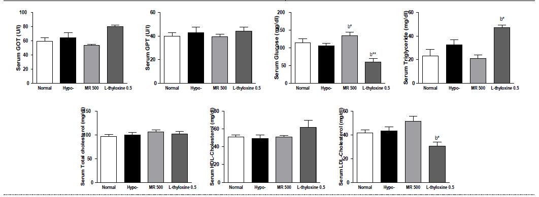 갑상선기능저하증(Hypo-) 흰쥐 모델에서 열성약인 파극천추출물(MR)의 혈액마커(GOT, GPT, glucose, triglyceride, total cholesterol, HDL-cholesterol, LDL-cholesterol) 변화에 대한 효능 평가