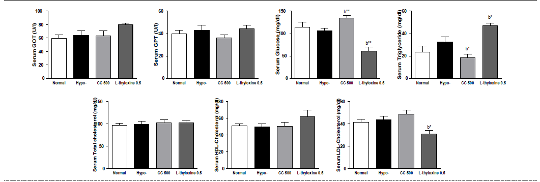 갑상선기능저하증(Hypo-) 흰쥐 모델에서 열성약인 육계추출물(CC)의 혈액마커(GOT, GPT, glucose, triglyceride, total cholesterol, HDL-cholesterol, LDL-cholesterol) 변화에 대한 효능 평가