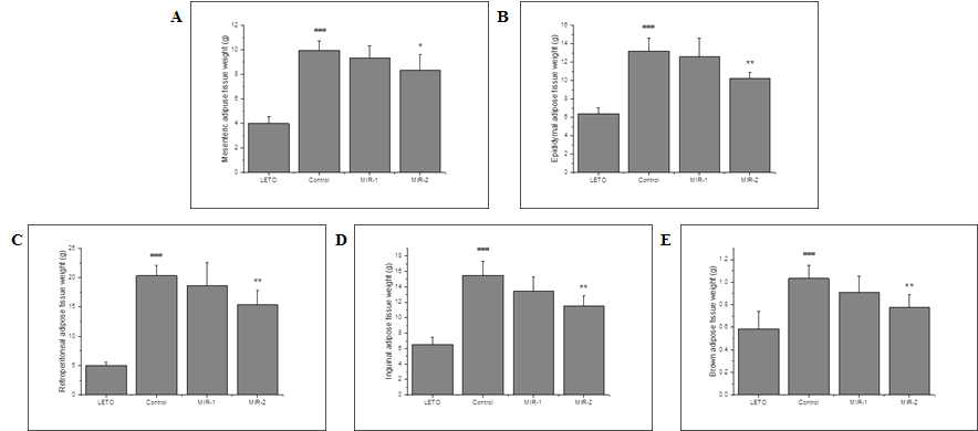 Mesenteric, epididymal, retroperitonial, inguinal and borwn adipose tissue weights in OLETF rats