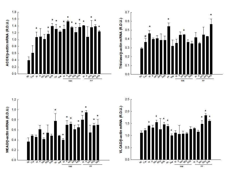 Effects of combinations of MIR components, metformin, and fenofibrate on mRNA levels of genes involved in fatty acid β-oxidation in HepG2 cells