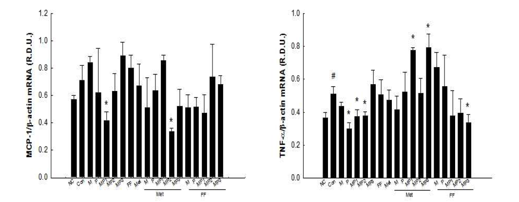 Effects of combinations of MIR components, metformin, and fenofibrate on mRNA levels of genes involved in inflammation in HepG2 cells