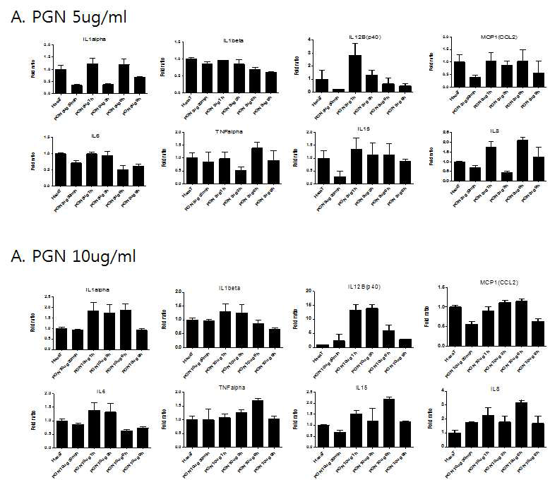 HaCaT 세포주에서 PGN에 의한 염증관련 지표들의 RNA 발현량 변화