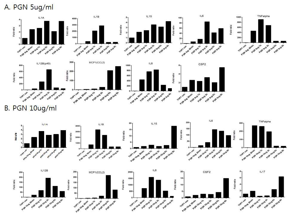 THP-1 대식세포주에서 PGN에 의한 염증관련 지표들의 RNA 발현량 변화