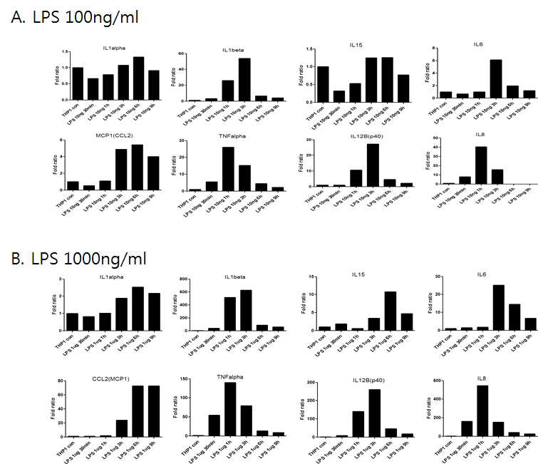 THP-1 대식세포주에서 LPS에 의한 염증관련 지표들의 RNA 발현량 변화