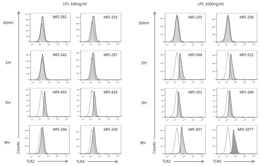 HaCaT 세포주에서 LPS의 시간에 따른 TLR2 및 TLR4 세포표면 단백질 발현량 변화