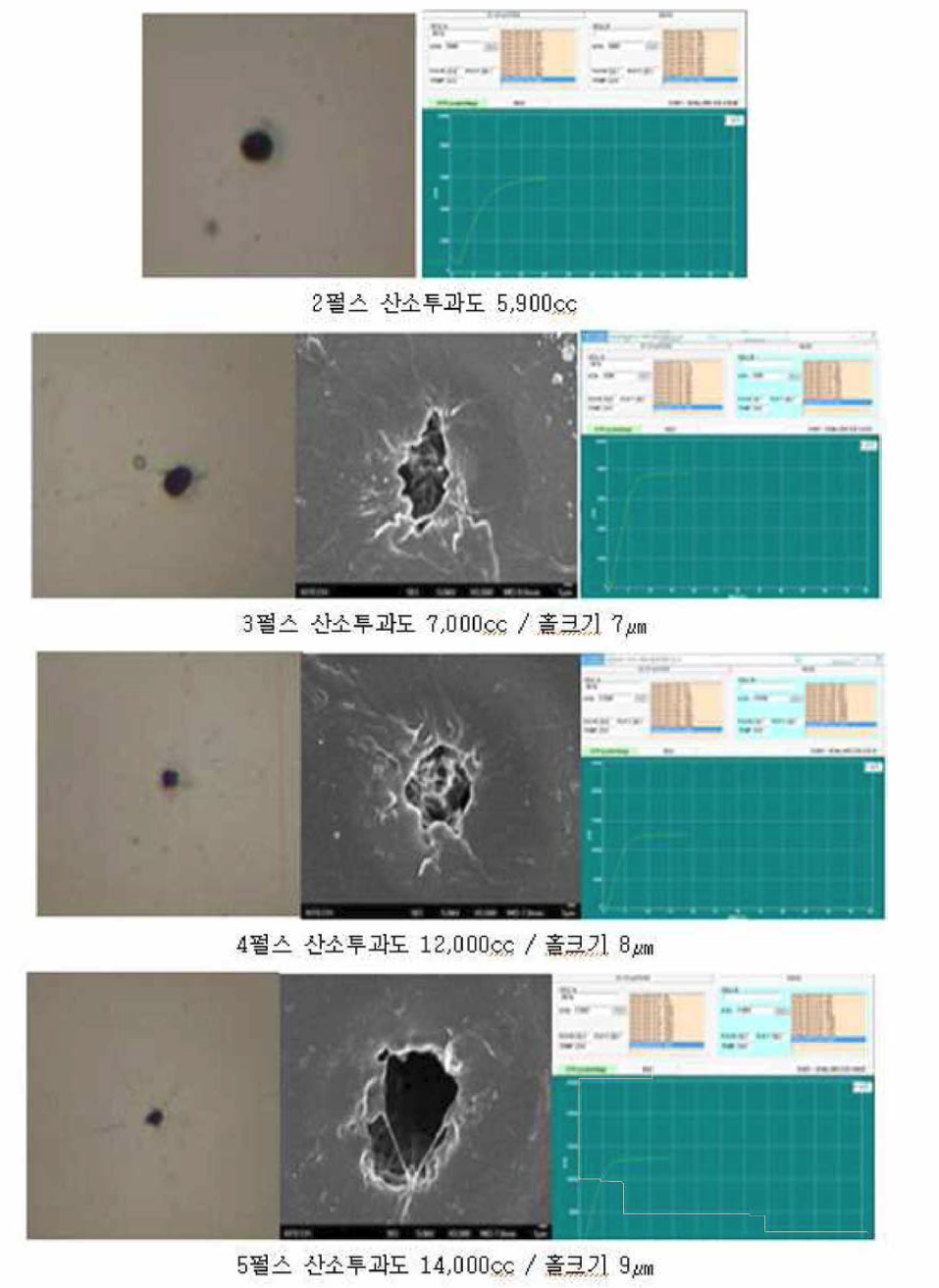 단일 LLDPE 50 m 원단 필스별 hole형상 및 산소투과도 내용