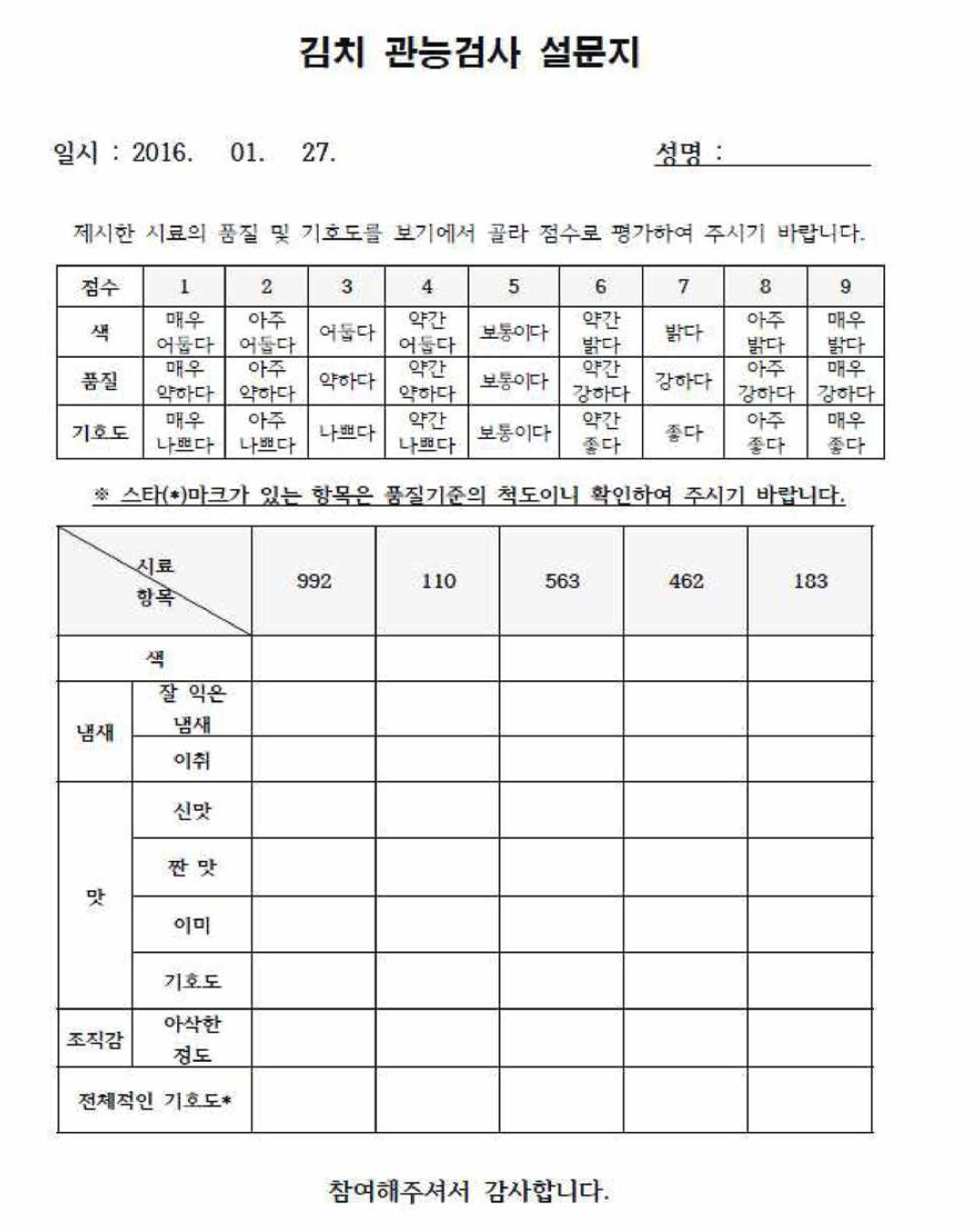 관능검사 설문지