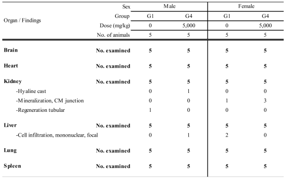 Summary histopathological findings