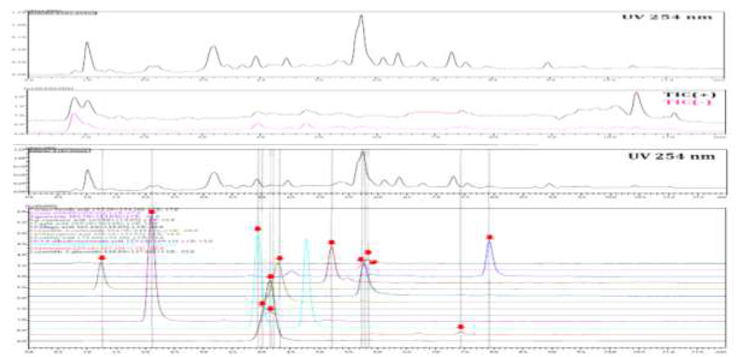 RCS-F1의 (위)254nm에서 scan mode로 분석한 chromatogram, (중간)total ion current(TIC) 및 (아래)chromatogram에서 확인된 피크
