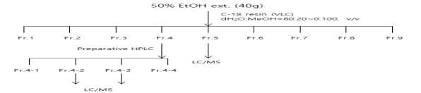 복분자 부산물로부터 3가지 정제 물질 분리 및 정제 scheme