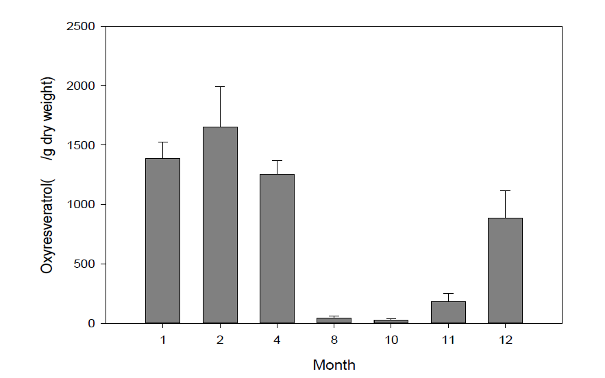 상지의 채집시기별 oxyresveratrol의 역가 변화.