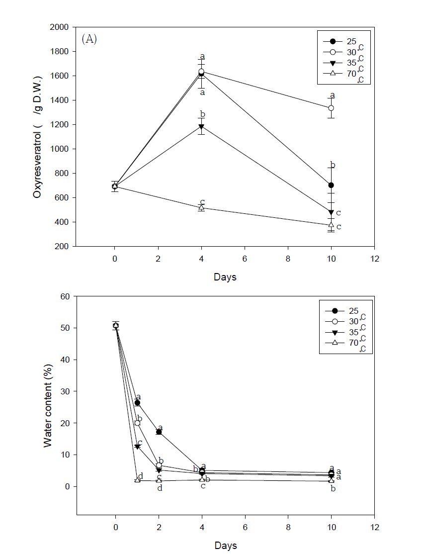 숙성 온도에 따른 상지내 옥시레즈베라트롤 축적과 수분 변화.