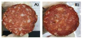PM03균주(A), KA20균주(B) 적용한 발효소시지의 단면도