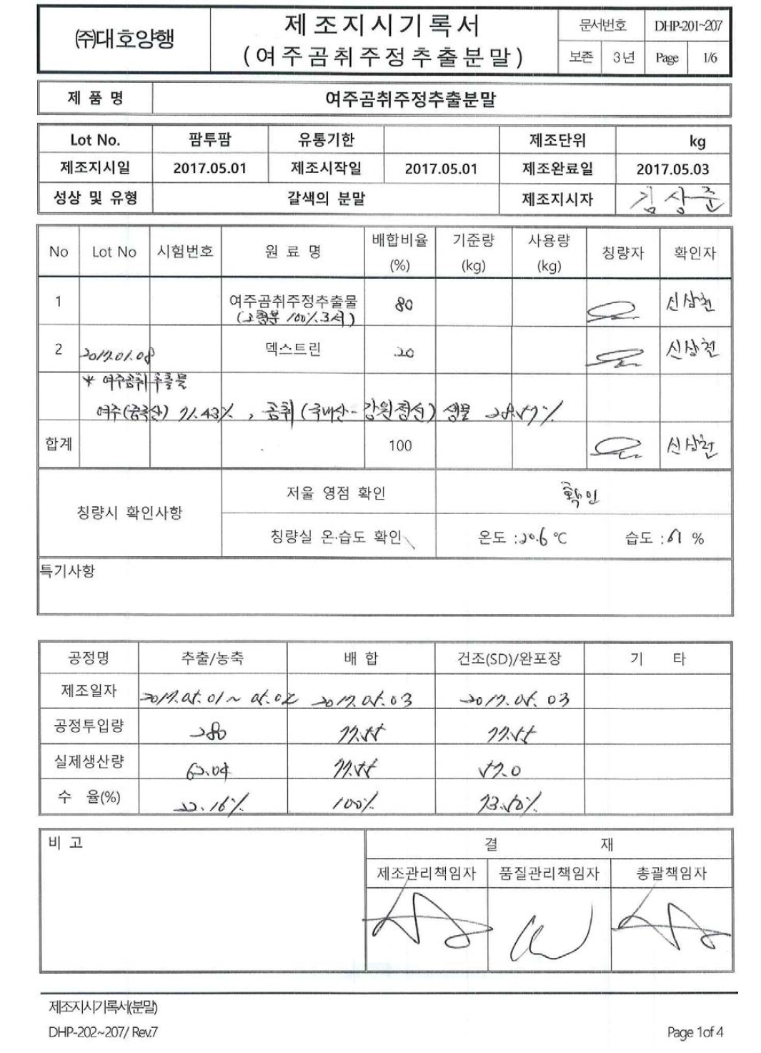 여주곰취주정추출분말 제조지시기록서