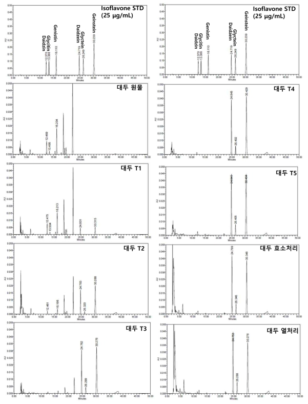 대두(생물전환)산물의 생산공정 단계별 지표성분 분석 크로마토그램