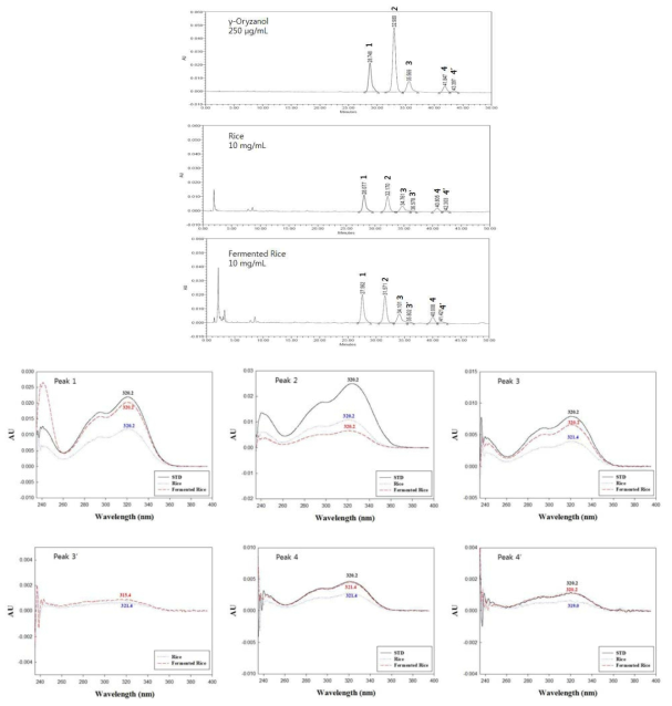 γ-Oryzanol, 미강 원물 및 (생물전환)산물의 분석조건5에 따른 크로마토그램 및 스펙트럼