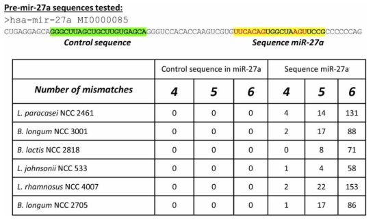 miR-27a의 서열과 6개의 프로바이오틱 균주의 게놈이 가지는 서열에서 70%이상의 유사성을 가지는 염기서열의 수