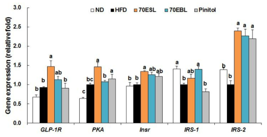 Effects of 70ESL and 70EBL on the relative mRNA expression levels of pancreas genes related toGLP-1 pathway. The levels of mRNA in tissue were measured by qRT-PCR and normalized to GAPDH expression. Values are presented as mean ± SE, n = 10. a,b,c Means not sharing a common letter are significantly different between groups (P < 0.05).