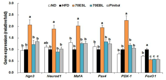 Effects of 70ESL and 70EBL on the relative mRNA expression levels of pancreas genes related toβ-cell proliferation. The levels of mRNA in tissue were measured by qRT-PCR and normalized to GAPDH expression. Values are presented as mean ± SE, n = 10. a,b,c Means not sharing a common letter are significantly different between groups (P < 0.05).