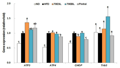 Effects of 70ESL and 70EBL on the relative mRNA expression levels of pancreas genes related toUPR response. The levels of mRNA in tissue were measured by qRT-PCR and normalized to GAPDH expression. Values are presented as mean ± SE, n = 10. a,b,c,d Means not sharing a common letter are significantly different between groups (P < 0.05).