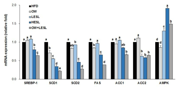 Effects of the supplementation ESL and Oatwell on gene expression in liver. The levels of mRNAin liver were measured by qRT-PCR and normalized by GAPDH. Values were represented the means ± S.E, n = 5. a,b,c,d Means not sharing a common letter are significantly different between groups (P < 0.05).
