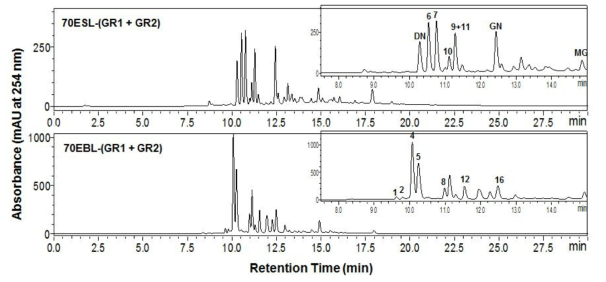 HPLC profiles of 70ESL-(GR1 + GR2) and 70EBL-(GR1 + GR2). The sample concentrations were 1 mg/ml. HPLC analysis condition was method 2.