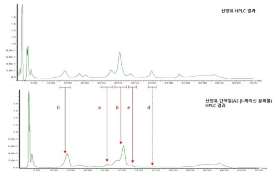 산양유 단백질 및 A2 β-케이신 분획물의 RP-HPLC 패턴.