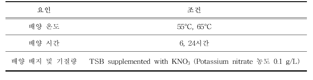 미생물 대사 특성 영향 요인별 아질산이온 생산량 분석 실험 조건