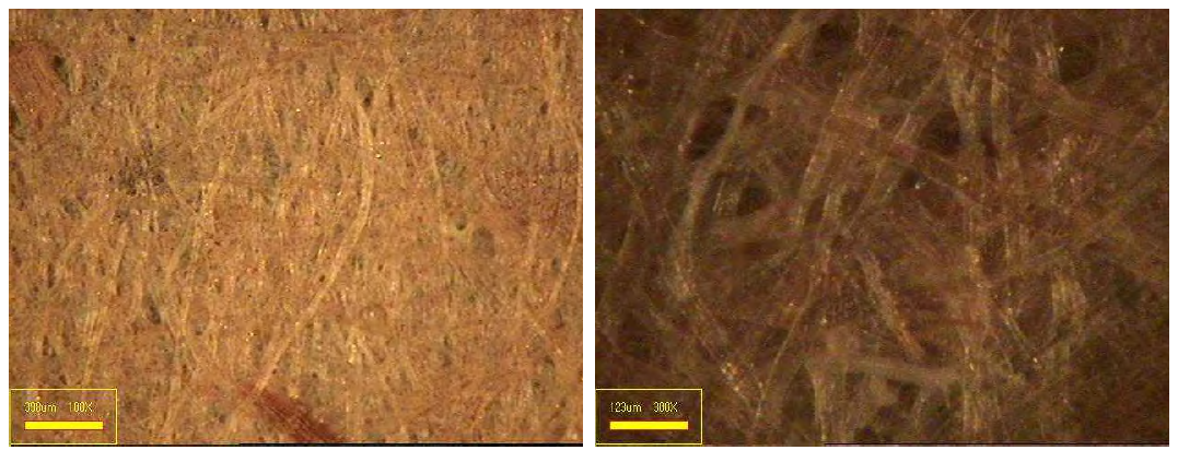 목재펄프와 폐 배지펄프를 혼합(90 : 10)한 수초지의 표면 이미지.