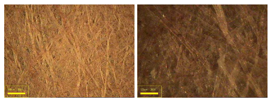 목재펄프, 폐 배지펄프 및 닥섬유를 혼합(100 : 0 : 0)한 수초지의 표면 이미지.