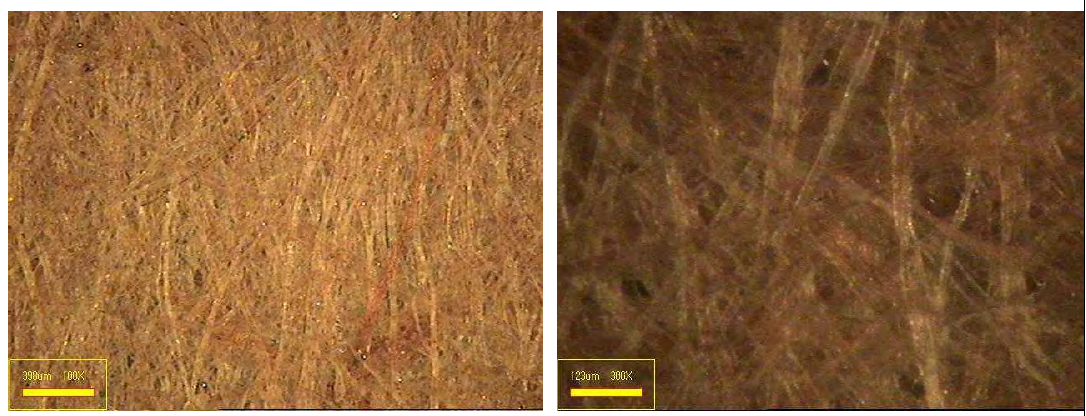 목재펄프, 폐 배지펄프 및 닥섬유를 혼합(85 : 5 : 10)한 수초지의 표면 이미지.