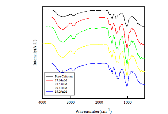 키토산-은 나노 복합물질의 FTIR 스펙트럼