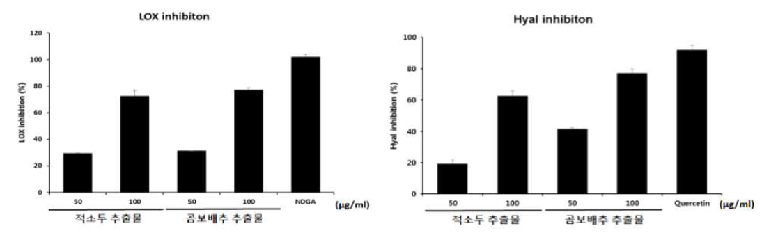 Lipoxygenase 와 Hyaluronidase 효소 활성 저해율 측정 결과