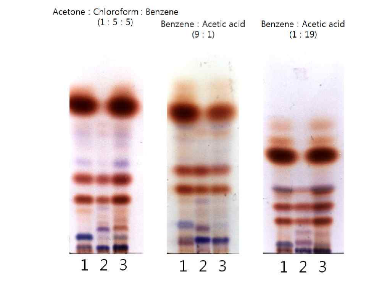 전개 용매에 따른 DNPH 유도체의 분리-3