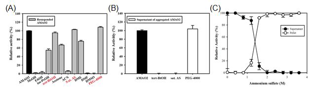 침전제 첨가 후 AMAO2활성 변화 (A)침전제 첨가 후 재부유된 효소의 회 복 활성,(B)침전제 첨가 후 상등액 내에 잔존하는 효소 활성,(C)Ammonium sulfate 농도 별 AMAO2효소 활성 변화