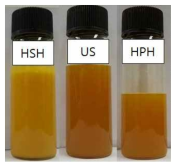 HSP, US, 및 HPH 처리된 강황추출물 나노에멀젼 사진.