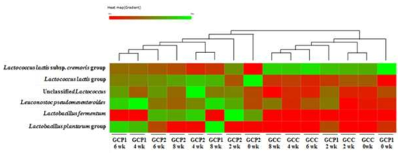 미생물 다양성 결과 중 치즈 내 미생물 중 주를 이루는 6가지 균종을 바탕으로 heat map analysis를 통해 치즈 샘플을 그룹화.