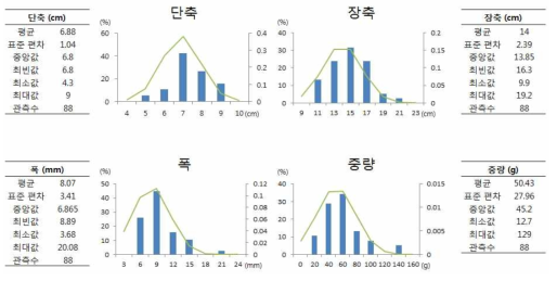 백년초 줄기의 외형 측정 결과