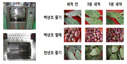 회전 원통형 고압 살수 세척기와 3분, 5분 세척에 따른 결과