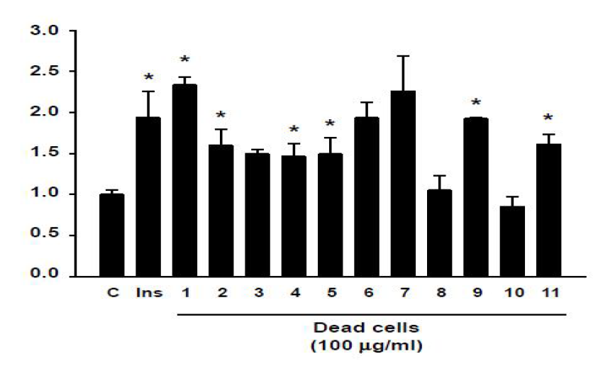 The stimulation of glucose uptake by strains(dead cells) treatment in 3T3-L1 adipocytes