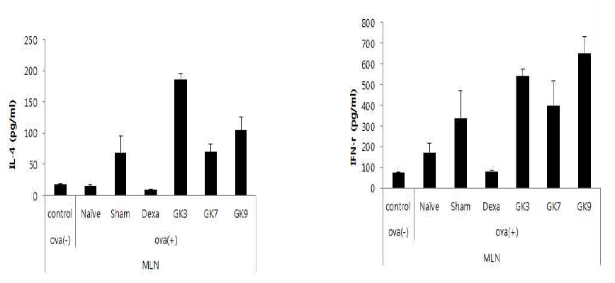 GK3(Lactobacillus plantarum G72), GK7(Lactobacillus brevis KCCM 200080), GK9(Leuconostoc citreum S.Pum 19) 균주 경구투여에 따른 장간막림프절에서의 cytokine 분비패턴