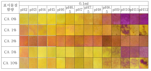 pH변화에 따른 이중구조 인디케이터의 색 변화(사진) - 지표물질 0.1ml