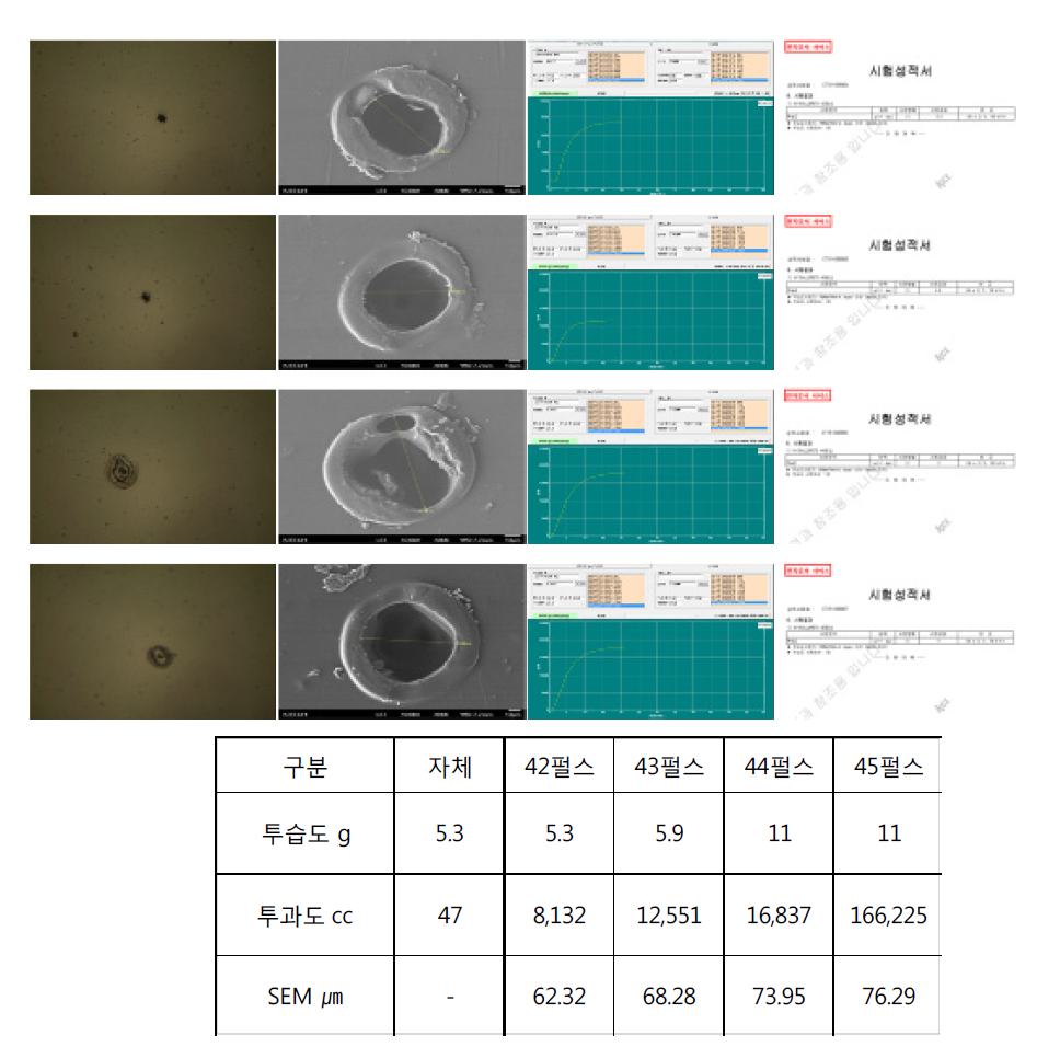 NY15+LLDPE70㎛ 펄스별 Hole 형상, SEM, 산소투과도, 투습도내용