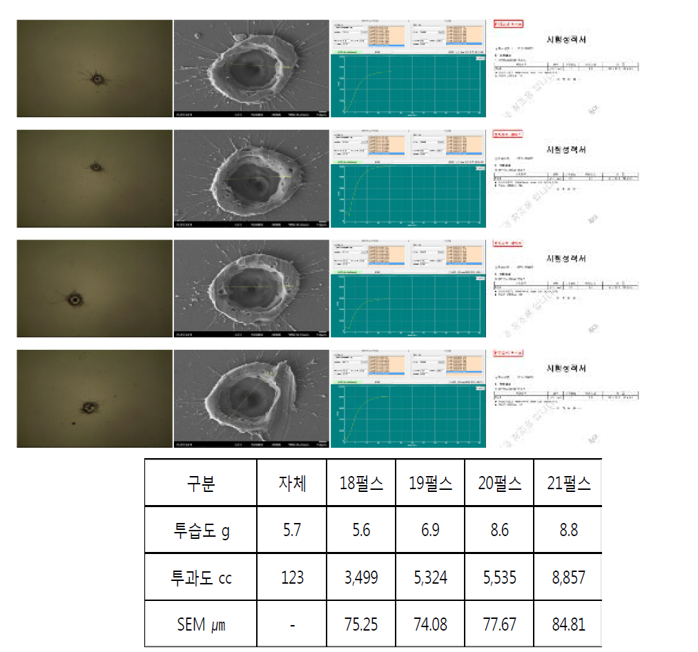 PET12+CPP40㎛ 펄스별 Hole 형상, SEM, 산소투과도, 투습도내용