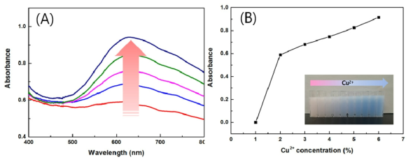 Cu2+ 이온 농도에 따른 UV-vis 흡광 곡선 및 650 nm의 흡광 변화