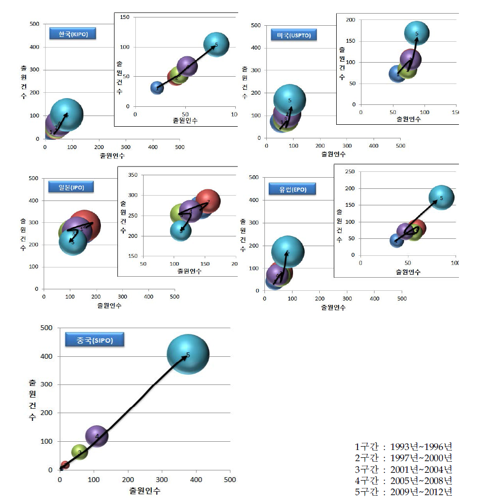 주요 출원 국가별 기술시장 성장단계