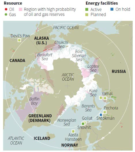 북극권 내 석유·가스 부존(가능) 영역
