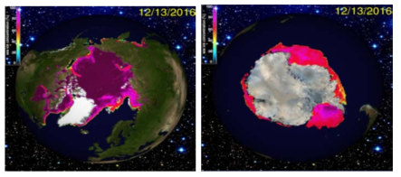 인공위성 원격탐사 방법으로 실시간 감시되고 있는 북극 및 남극 주변 해빙 분포 예시