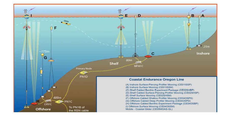 미국 국립과학재단(NSF) 지원의 해양관측주도(OOI) 프로그램의 연안 규모 노드 중 하나인 오레곤 관측선의 Endurance Array 관측 모식도 예시